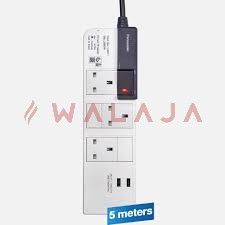 Panasonic Extension Cord - WCHG255322W -BS 13A Extension Cord with Safety Shutters & Breaker, 3 Sockets, 2 Port USB Charger with Main Sw. & 5 Meters Cords ( White)